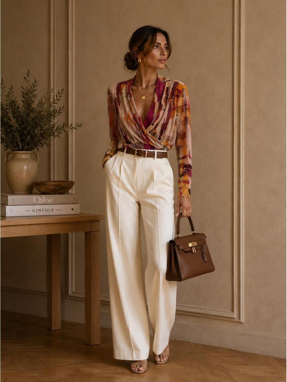 Fuzzi Colorblock Wrap Long Sleeve Blouse